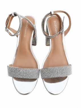 BCBGeneration Rhinestone Platform Block Heel Sandals Silver Women’s Size 8